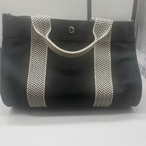 Hermes Cannes PM Tote Black Canvas Chevron Strap Auth